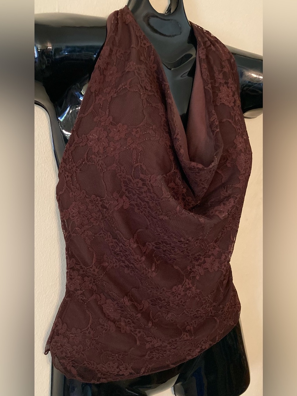 Cowl Neck Lace Halter Top in Chocolate Brown